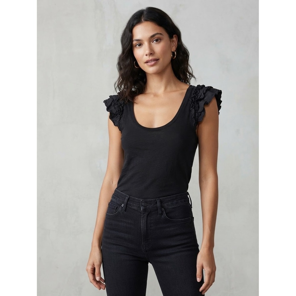 Nation LTD Women Top XS Black Ruffle Cap Sleeve Scoop Neck Cotton Slub 01088-00